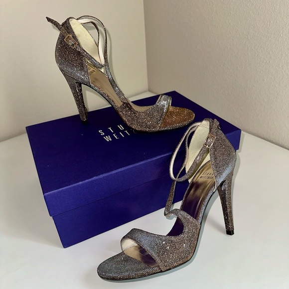 ✨STUART WEITZMAN Vixen Glitter Metallic Woven Strappy Sandals Pyrite Size 6.5 - Picture 2 of 16